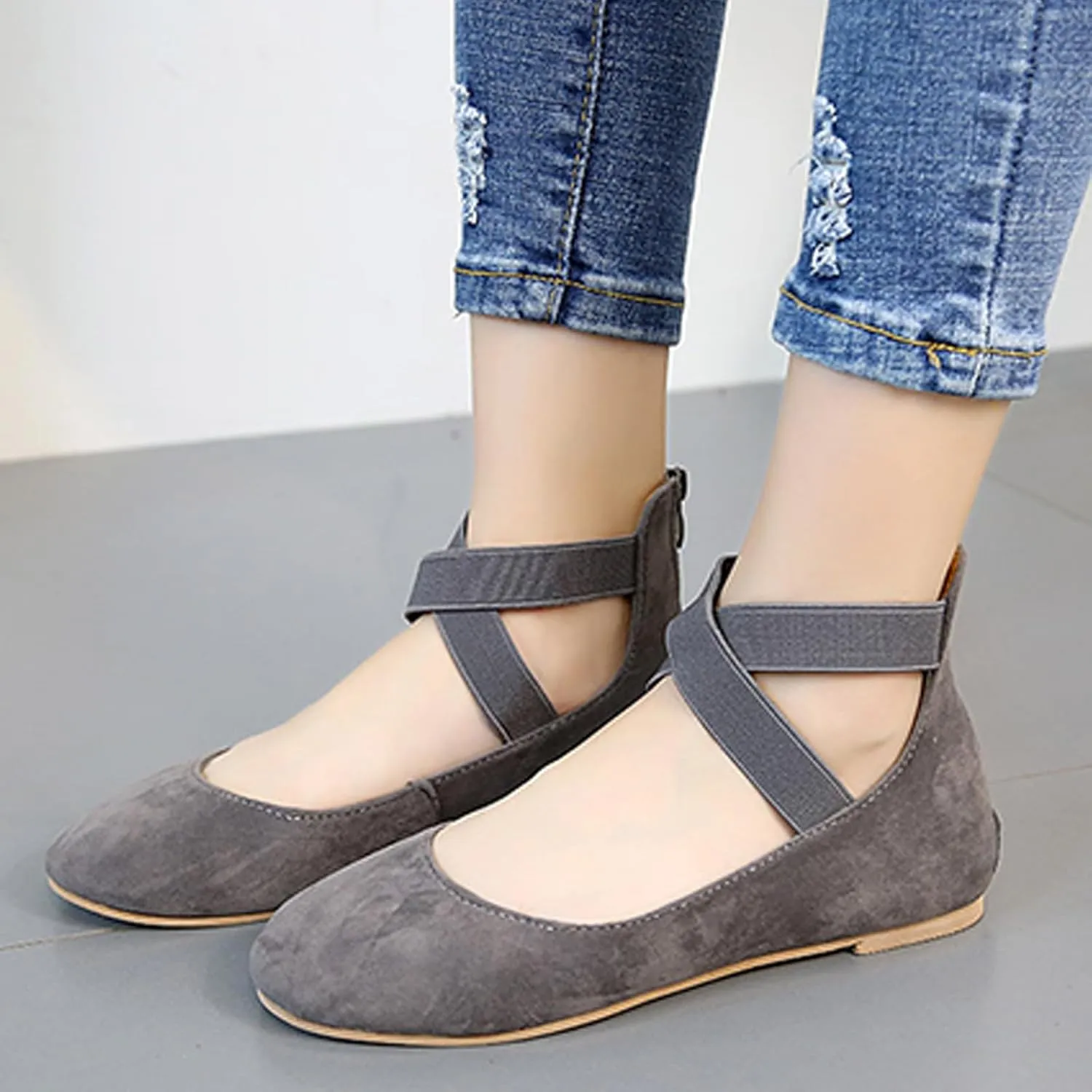 Women's Suede Elastic Strap Ballet Flats with Back Zipper Comfortable Round Toe Soft Sole Non-Slip Elegant Shallow Mouth Low Heel Dress Dance Shoes