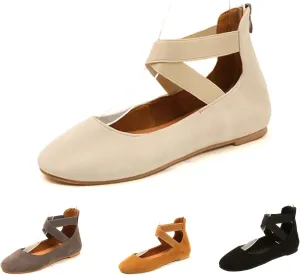 Women's Suede Elastic Strap Ballet Flats with Back Zipper Comfortable Round Toe Soft Sole Non-Slip Elegant Shallow Mouth Low Heel Dress Dance Shoes