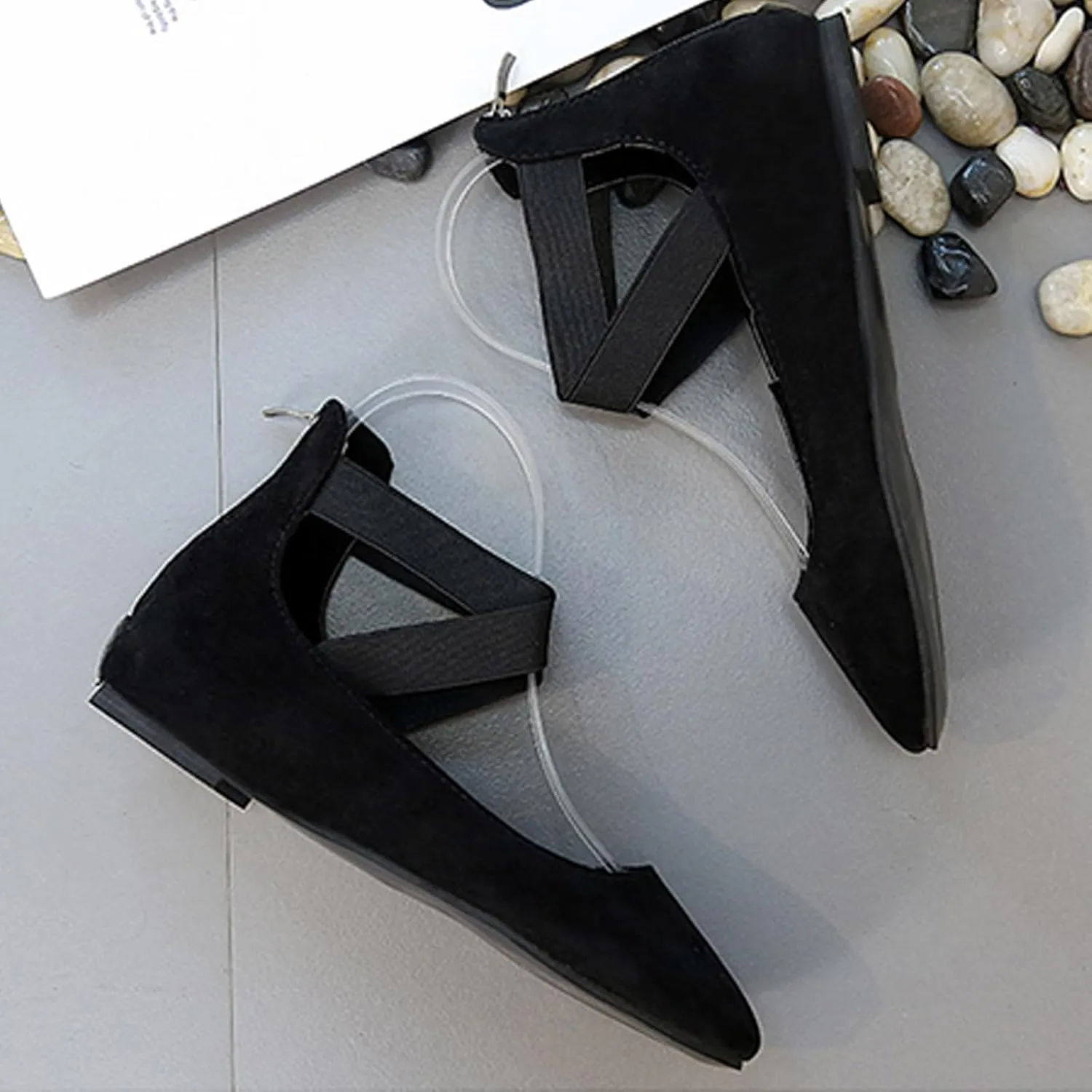 Women's Suede Elastic Strap Ballet Flats with Back Zipper Comfortable Round Toe Soft Sole Non-Slip Elegant Shallow Mouth Low Heel Dress Dance Shoes