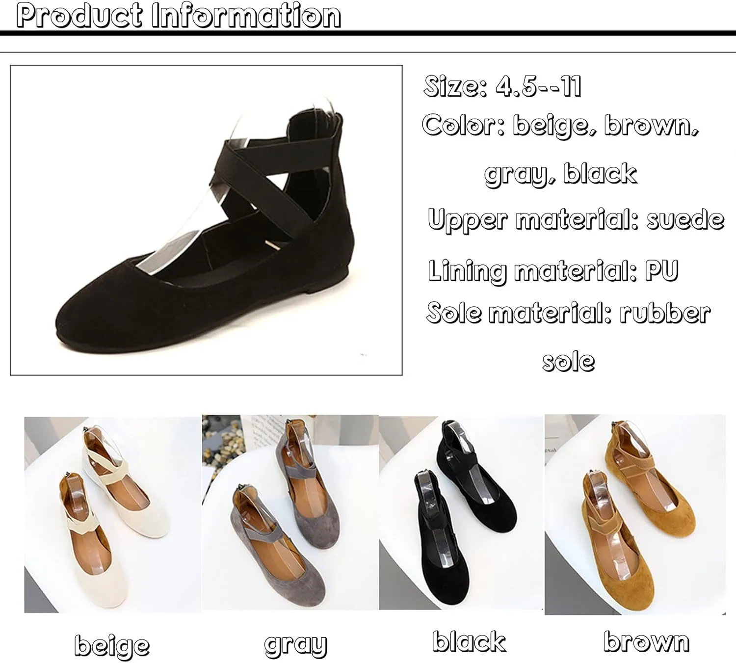 Women's Suede Elastic Strap Ballet Flats with Back Zipper Comfortable Round Toe Soft Sole Non-Slip Elegant Shallow Mouth Low Heel Dress Dance Shoes