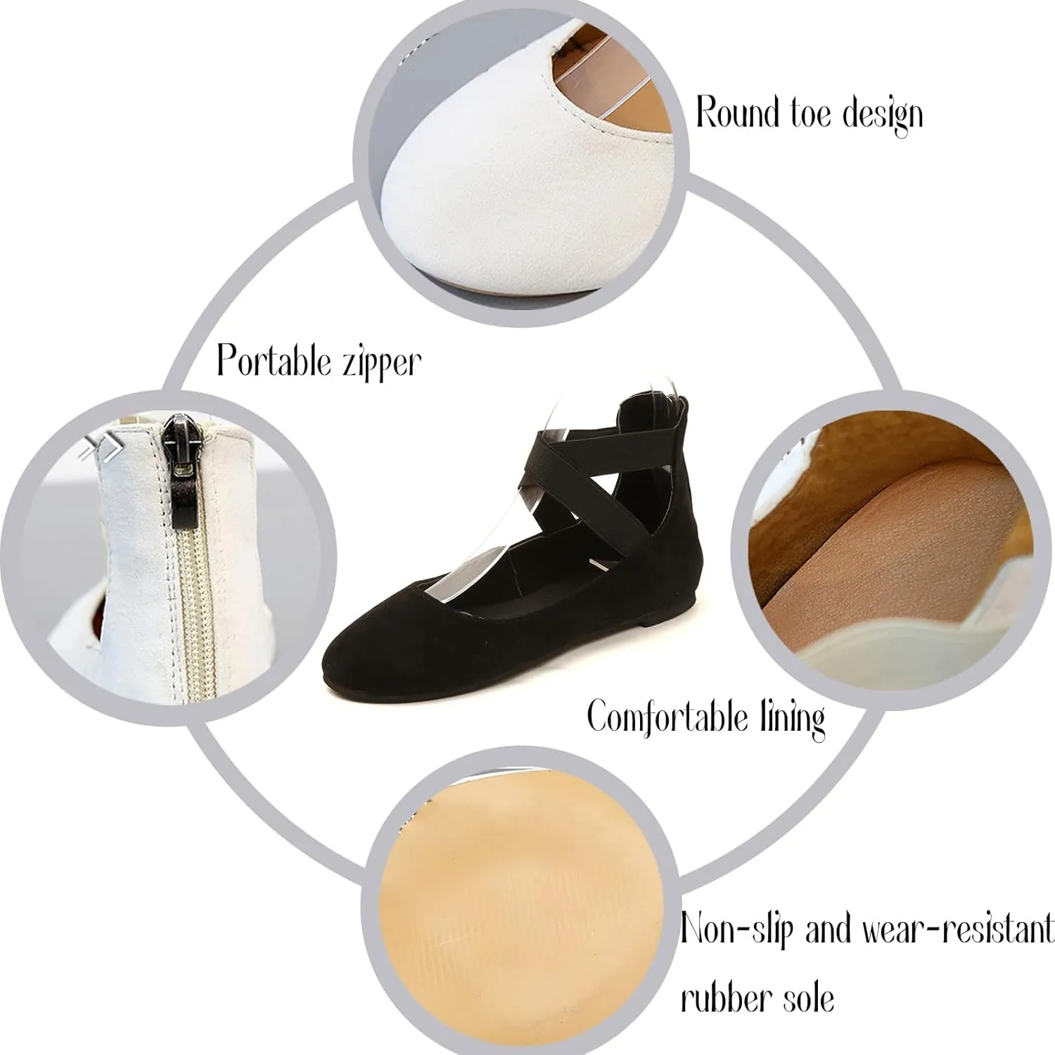 Women's Suede Elastic Strap Ballet Flats with Back Zipper Comfortable Round Toe Soft Sole Non-Slip Elegant Shallow Mouth Low Heel Dress Dance Shoes