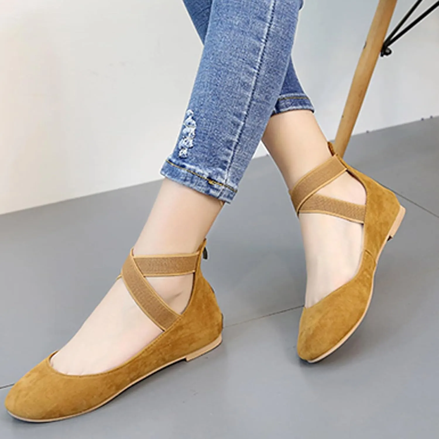 Women's Suede Elastic Strap Ballet Flats with Back Zipper Comfortable Round Toe Soft Sole Non-Slip Elegant Shallow Mouth Low Heel Dress Dance Shoes