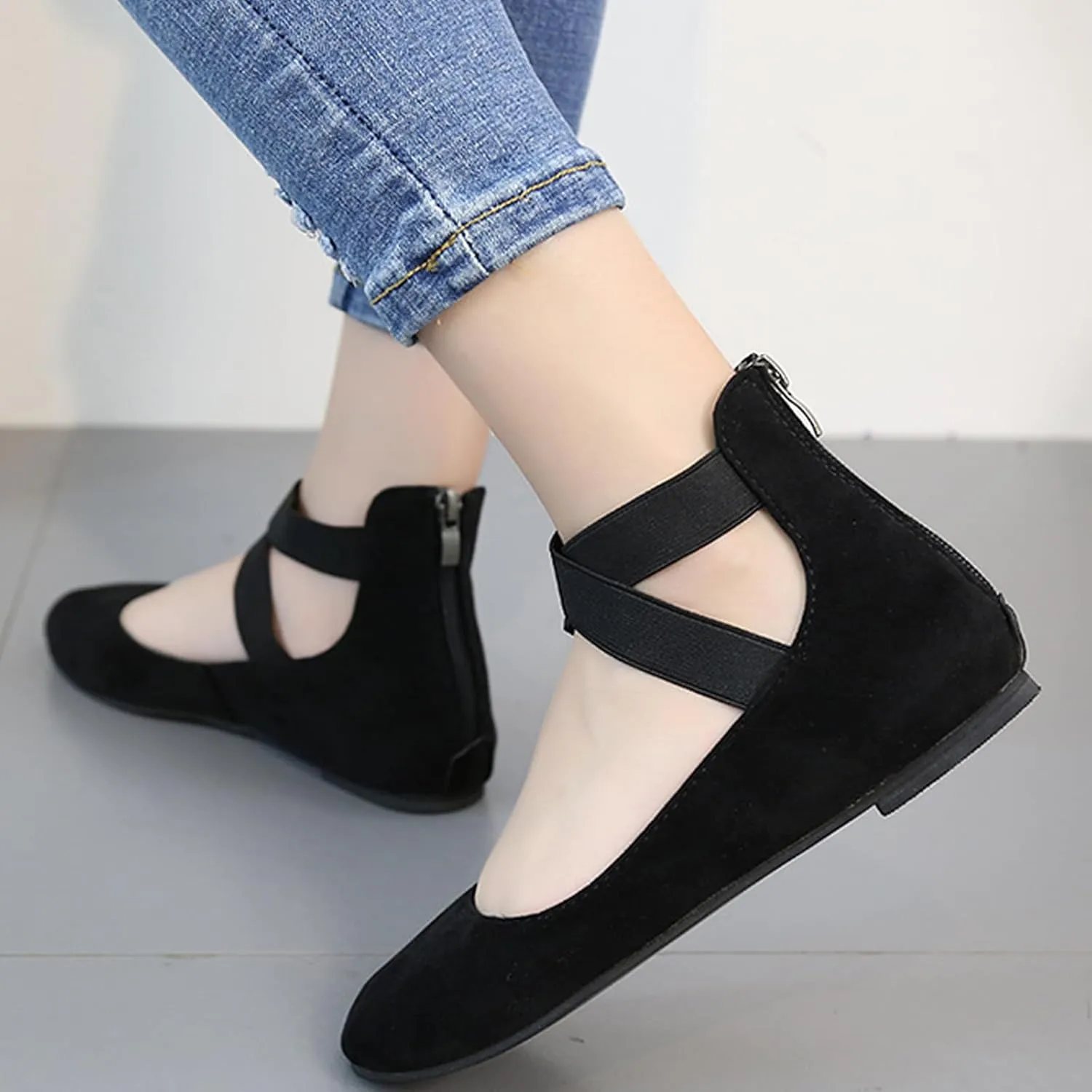 Women's Suede Elastic Strap Ballet Flats with Back Zipper Comfortable Round Toe Soft Sole Non-Slip Elegant Shallow Mouth Low Heel Dress Dance Shoes