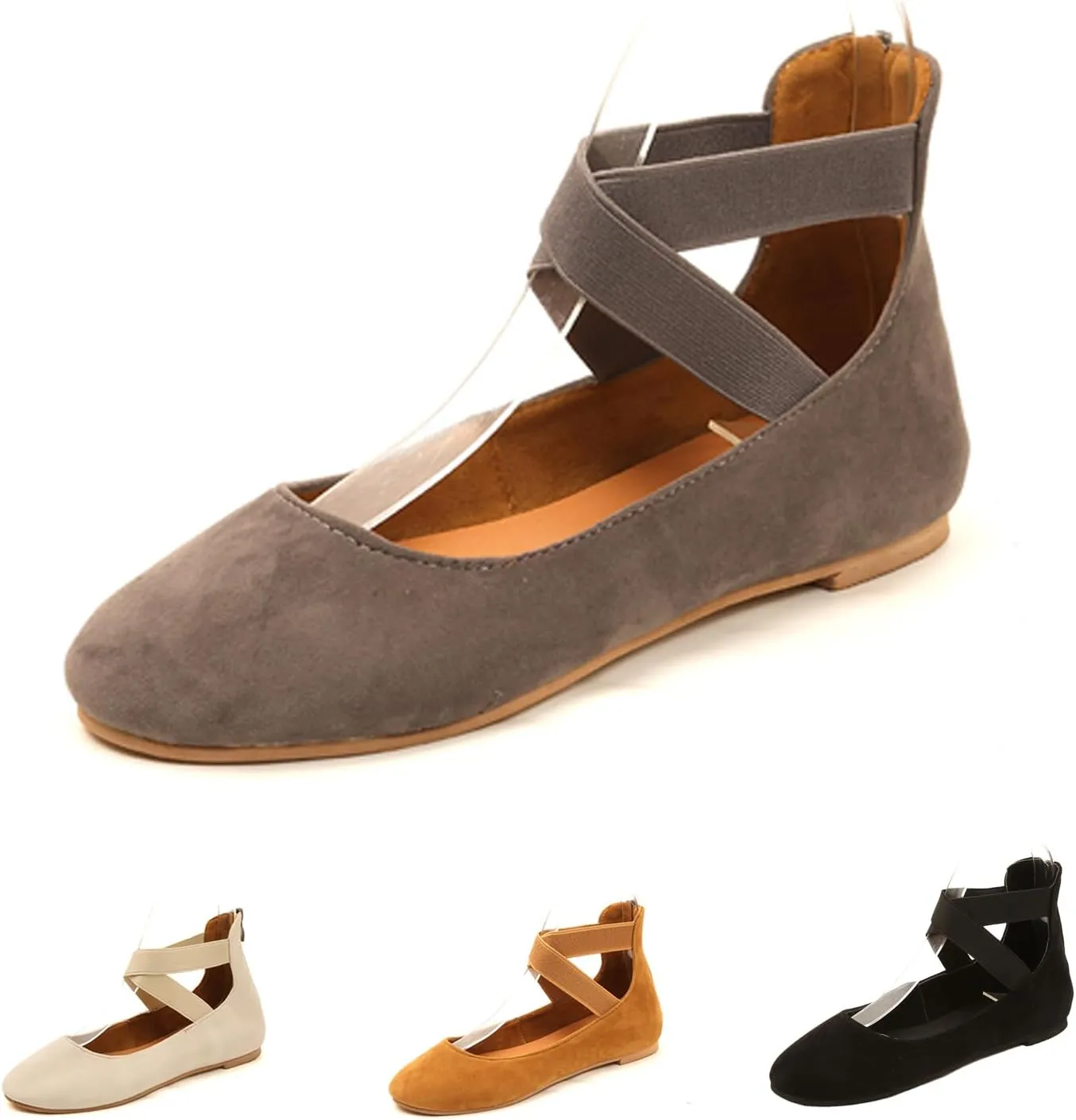 Women's Suede Elastic Strap Ballet Flats with Back Zipper Comfortable Round Toe Soft Sole Non-Slip Elegant Shallow Mouth Low Heel Dress Dance Shoes