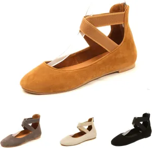 Women's Suede Elastic Strap Ballet Flats with Back Zipper Comfortable Round Toe Soft Sole Non-Slip Elegant Shallow Mouth Low Heel Dress Dance Shoes