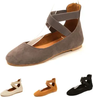 Women's Suede Elastic Strap Ballet Flats with Back Zipper Comfortable Round Toe Soft Sole Non-Slip Elegant Shallow Mouth Low Heel Dress Dance Shoes