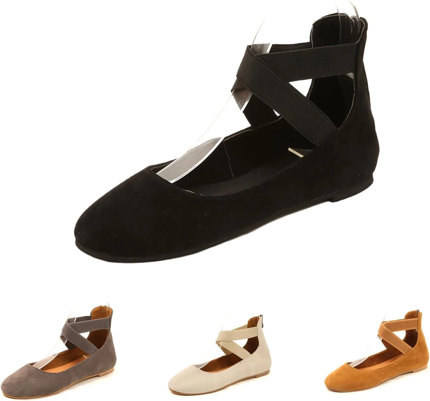 Women's Suede Elastic Strap Ballet Flats with Back Zipper Comfortable Round Toe Soft Sole Non-Slip Elegant Shallow Mouth Low Heel Dress Dance Shoes