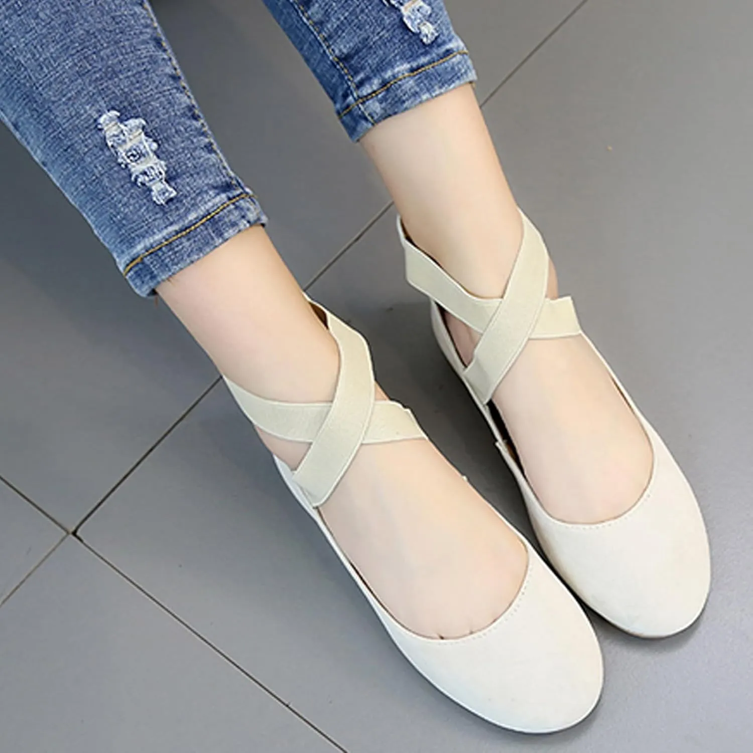 Women's Suede Elastic Strap Ballet Flats with Back Zipper Comfortable Round Toe Soft Sole Non-Slip Elegant Shallow Mouth Low Heel Dress Dance Shoes