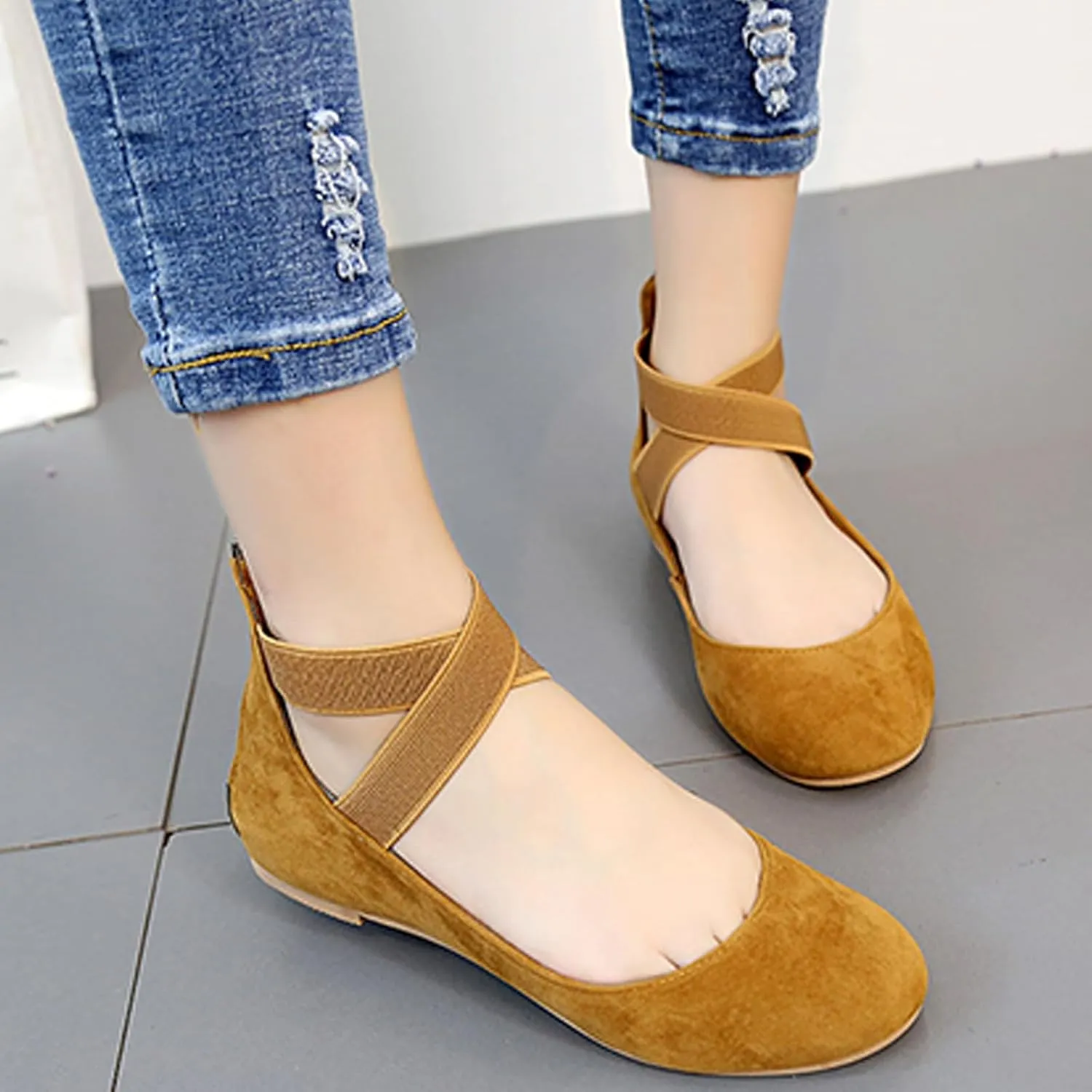Women's Suede Elastic Strap Ballet Flats with Back Zipper Comfortable Round Toe Soft Sole Non-Slip Elegant Shallow Mouth Low Heel Dress Dance Shoes