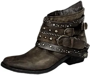 Work Boots for Women Ankle Short Booties for Women Black Leather Boots Men Womens Hiking Boot Solid Color Comfy Casual Chunky Block Low Heel Vintage