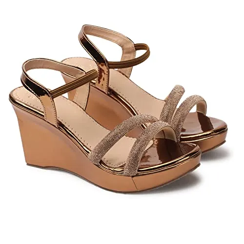 XE Looks Comfortable Copper Party High Heel Wedges Sandals For Women (3 inches heel) -UK 4