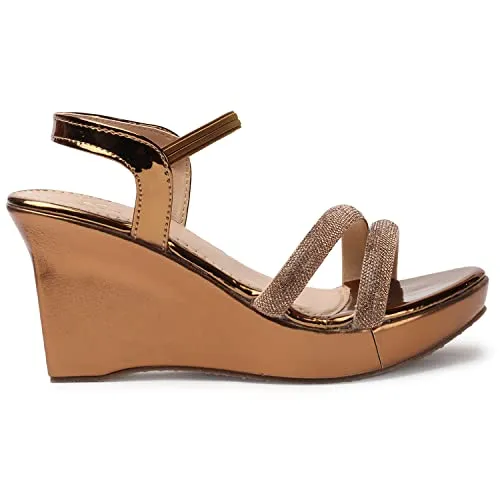 XE Looks Comfortable Copper Party High Heel Wedges Sandals For Women (3 inches heel) -UK 4