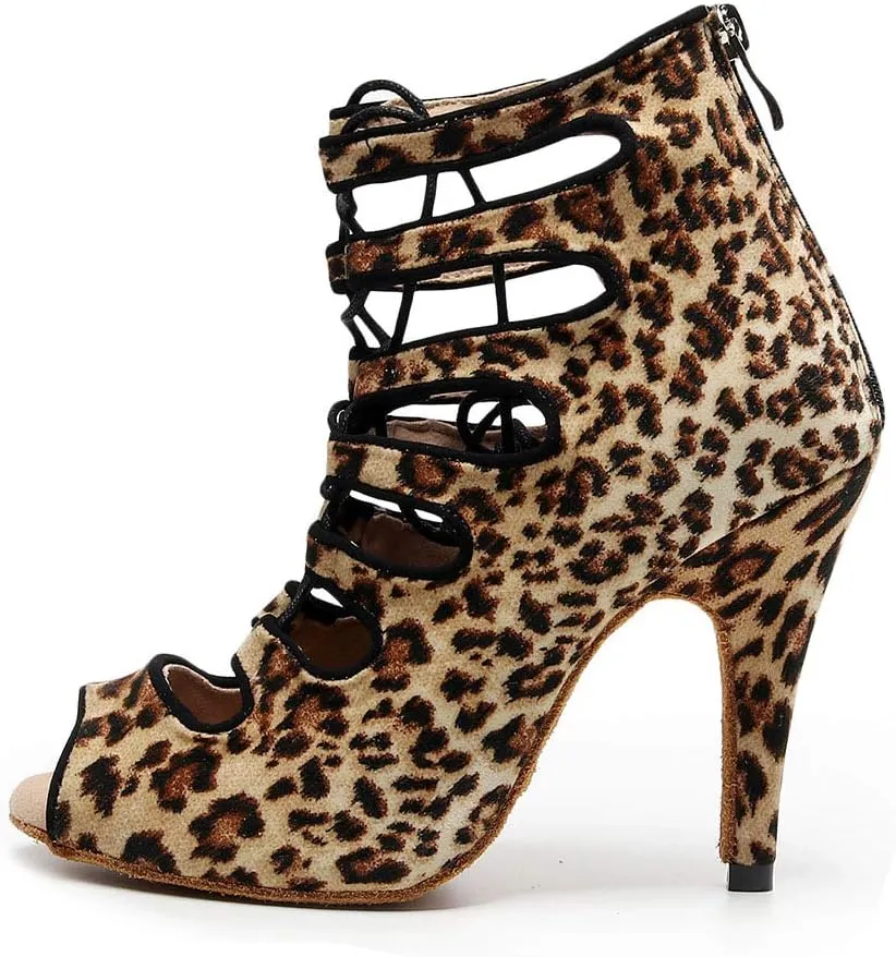 YKXLM Women Open Toe Dance Boots Latin Salsa Ballroom Lace-up Ankle Dance Shoes,YCL456