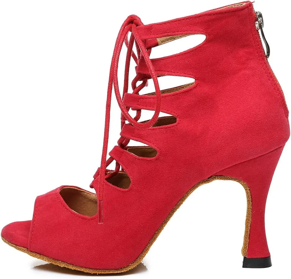 YKXLM Women Open Toe Dance Boots Latin Salsa Ballroom Lace-up Ankle Dance Shoes,YCL456