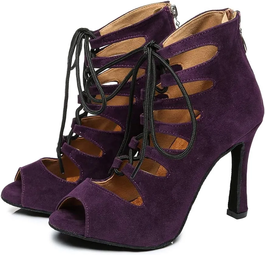YKXLM Women Open Toe Dance Boots Latin Salsa Ballroom Lace-up Ankle Dance Shoes,YCL456