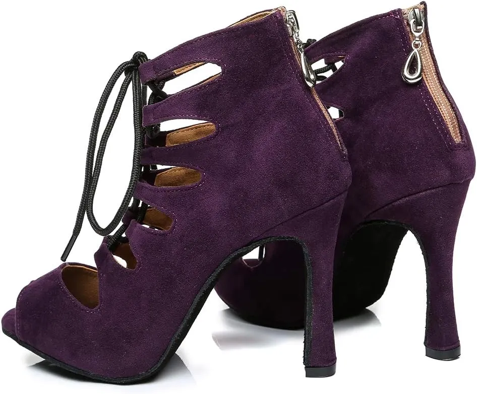 YKXLM Women Open Toe Dance Boots Latin Salsa Ballroom Lace-up Ankle Dance Shoes,YCL456