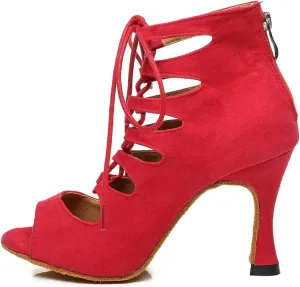 YKXLM Women Open Toe Dance Boots Latin Salsa Ballroom Lace-up Ankle Dance Shoes,YCL456