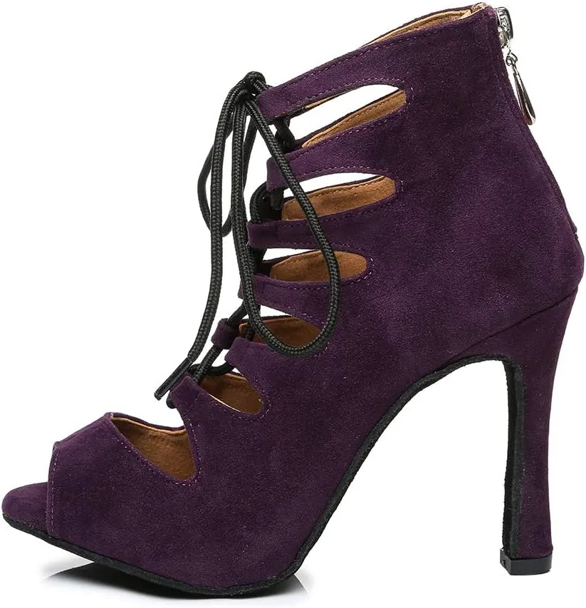 YKXLM Women Open Toe Dance Boots Latin Salsa Ballroom Lace-up Ankle Dance Shoes,YCL456