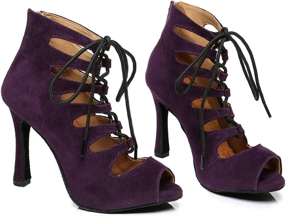 YKXLM Women Open Toe Dance Boots Latin Salsa Ballroom Lace-up Ankle Dance Shoes,YCL456