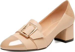 Zamikoo Block Heels for Women, Round Cap Toe Slip On Low Heel Pumps with Buckle Strap, Chunky Low Heels Loafers Pumps Dress Shoes for Wedding Party Office 2 Inches