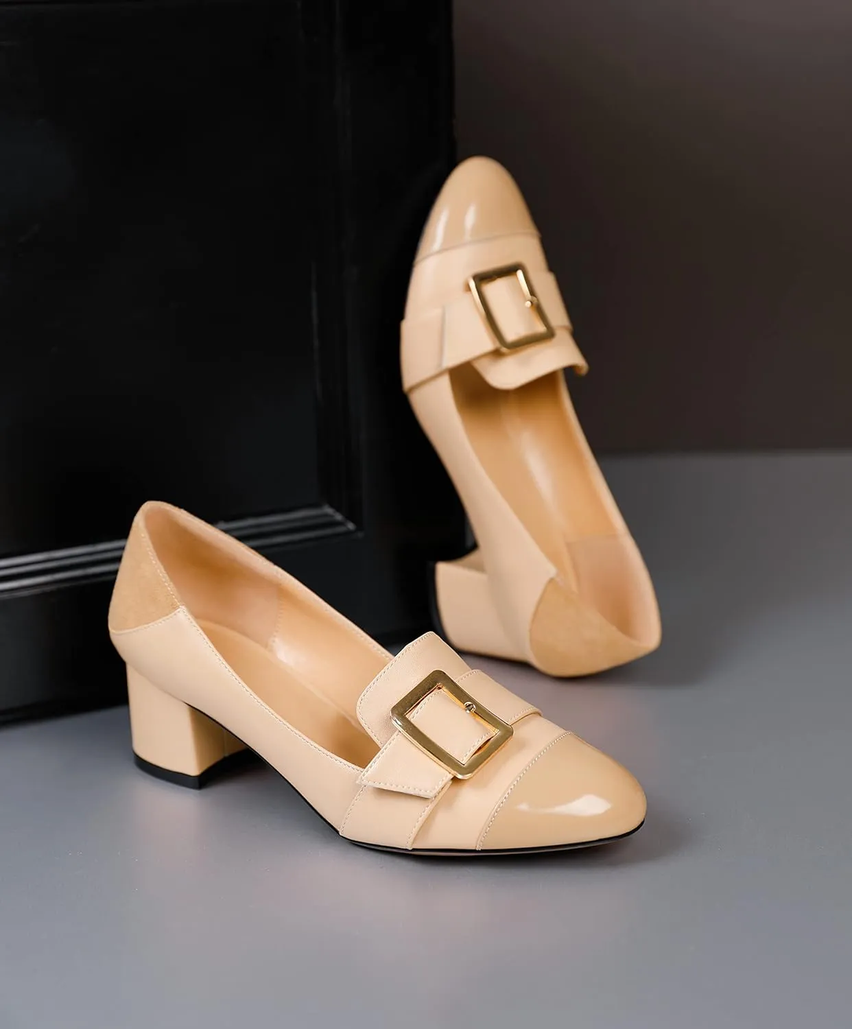 Zamikoo Block Heels for Women, Round Cap Toe Slip On Low Heel Pumps with Buckle Strap, Chunky Low Heels Loafers Pumps Dress Shoes for Wedding Party Office 2 Inches