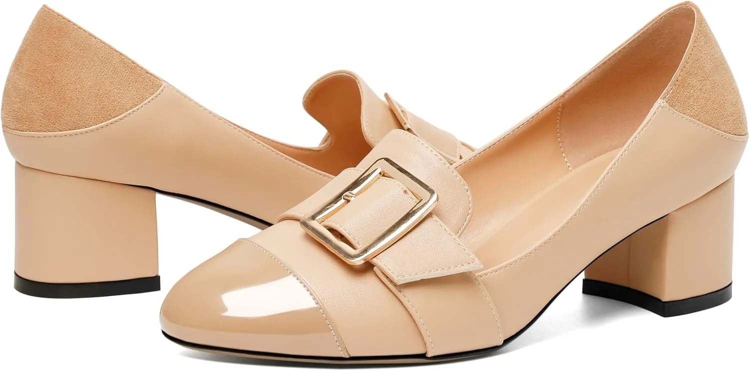 Zamikoo Block Heels for Women, Round Cap Toe Slip On Low Heel Pumps with Buckle Strap, Chunky Low Heels Loafers Pumps Dress Shoes for Wedding Party Office 2 Inches