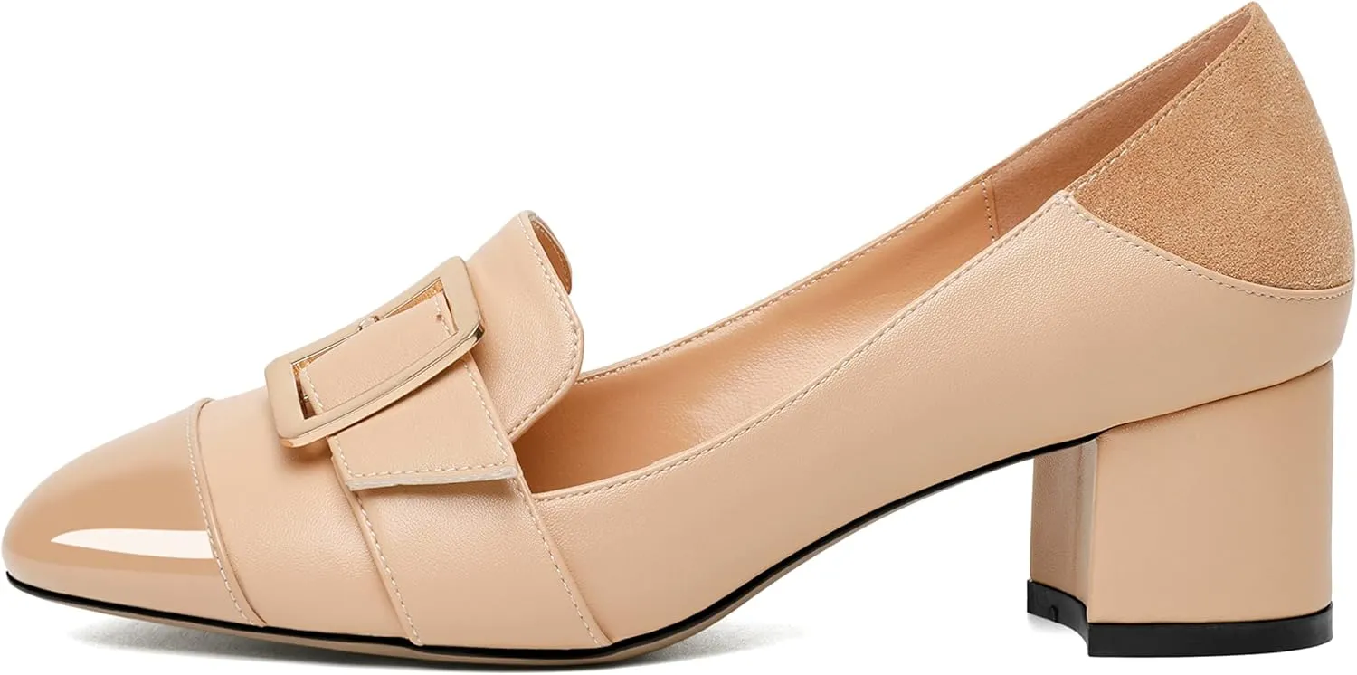 Zamikoo Block Heels for Women, Round Cap Toe Slip On Low Heel Pumps with Buckle Strap, Chunky Low Heels Loafers Pumps Dress Shoes for Wedding Party Office 2 Inches