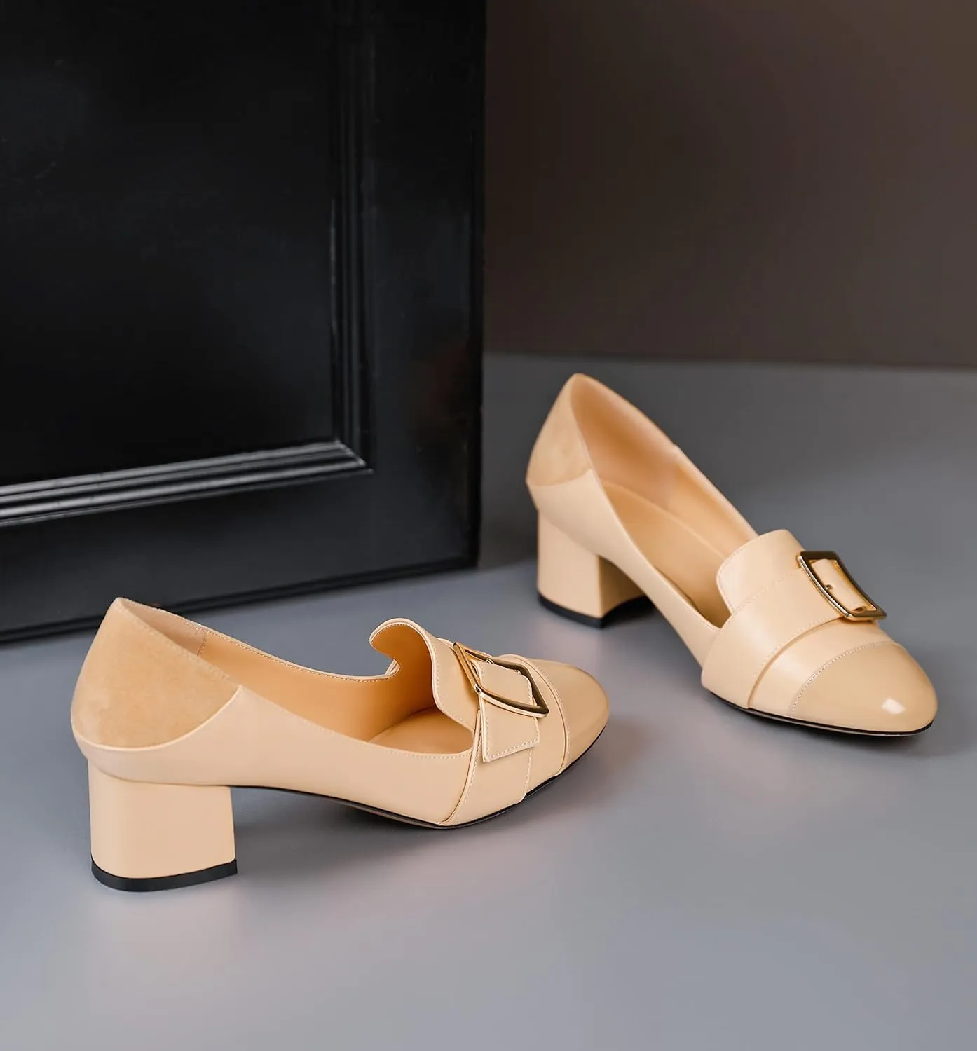 Zamikoo Block Heels for Women, Round Cap Toe Slip On Low Heel Pumps with Buckle Strap, Chunky Low Heels Loafers Pumps Dress Shoes for Wedding Party Office 2 Inches
